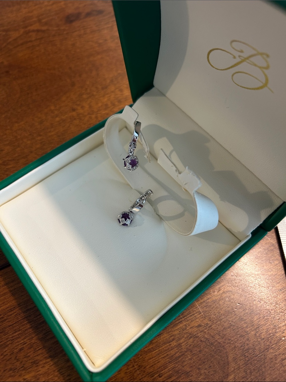 14kt White Gold Amethyst Drop Earrings with diamonds - Picture 2 of 3